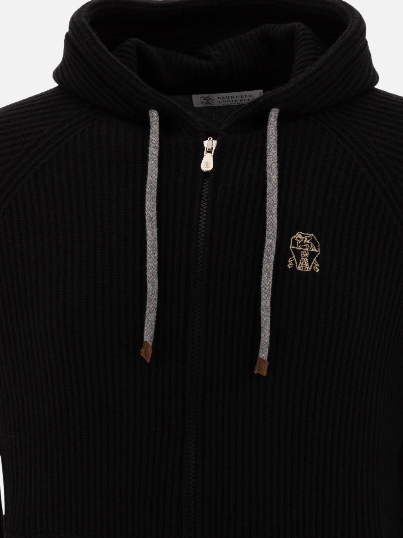 Brunello Cucinelli Ribbed sweater with zip and hood Black